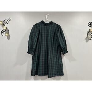 J. Marie Joyce Blue Green Plaid Bow Tie Ruffle Collar Dress Large L